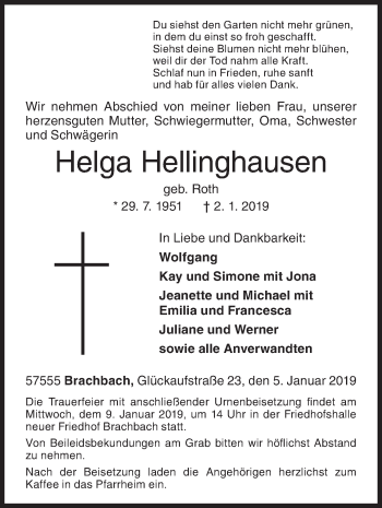 Traueranzeige von Helga Hellinghausen von Siegener Zeitung