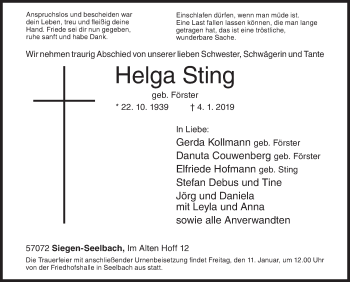 Traueranzeige von Helga Sting von Siegener Zeitung