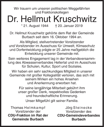 Traueranzeige von Hellmut Kruschwitz von Siegener Zeitung