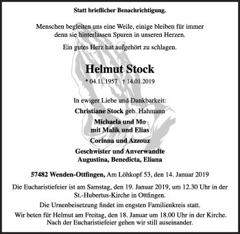 Traueranzeige von Helmut Stock von Siegener Zeitung