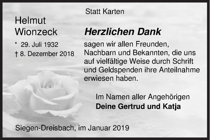  Traueranzeige für Helmut Wionzeck vom 12.01.2019 aus Siegener Zeitung