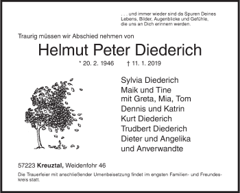 Traueranzeige von Helmut Peter Diederich von Siegener Zeitung