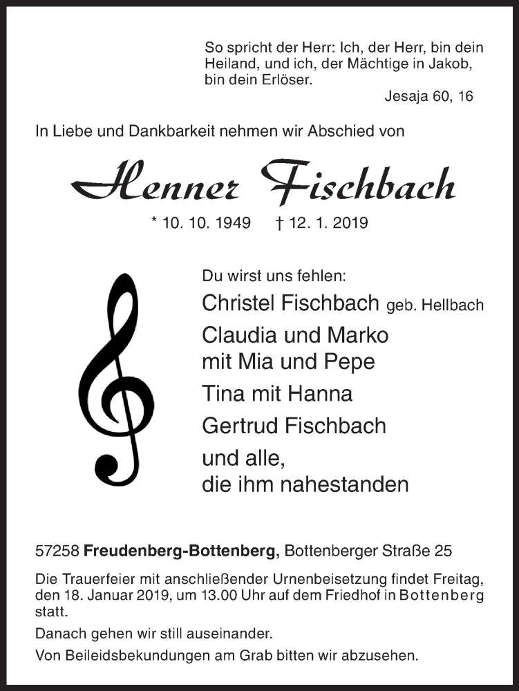  Traueranzeige für Henner Fischbach vom 15.01.2019 aus Siegener Zeitung