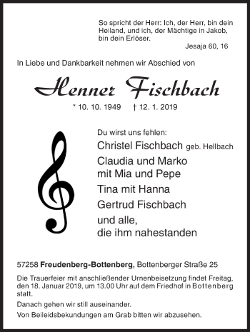 Traueranzeige von Henner Fischbach von Siegener Zeitung