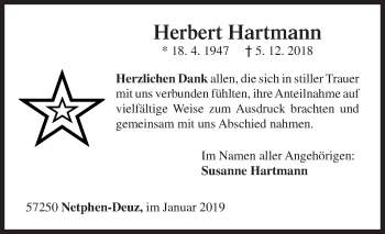 Traueranzeige von Herbert Hartmann von Siegener Zeitung