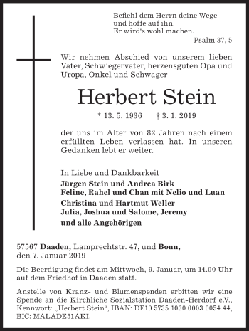 Traueranzeige von Herbert Stein von Siegener Zeitung