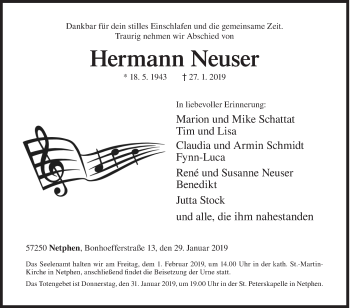 Traueranzeige von Hermann Neuser von Siegener Zeitung