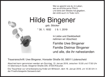 Traueranzeige von Hilde Bingener von Siegener Zeitung