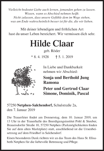 Traueranzeige von Hilde Claar von Siegener Zeitung