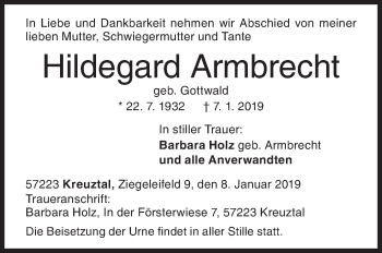 Traueranzeige von Hildegard Armbrecht von Siegener Zeitung
