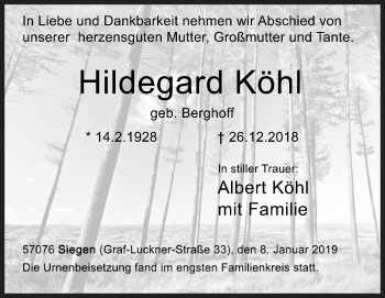 Traueranzeige von Hildegard Köhl von Siegener Zeitung