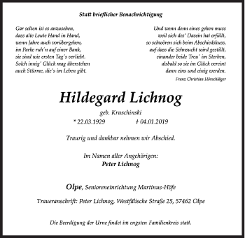 Traueranzeige von Hildegard Lichnog von Siegener Zeitung