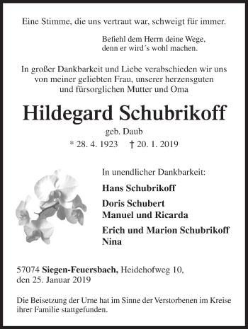 Traueranzeige von Hildegard Schubrikoff von Siegener Zeitung