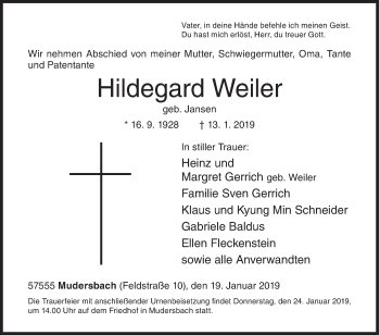 Traueranzeige von Hildegard Weiler von Siegener Zeitung