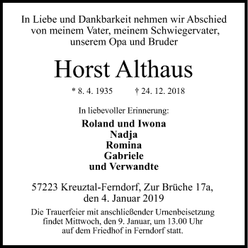 Traueranzeige von Horst Althaus von Siegener Zeitung