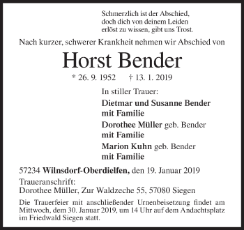 Traueranzeige von Horst Bender von Siegener Zeitung