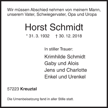 Traueranzeige von Horst Schmidt von Siegener Zeitung