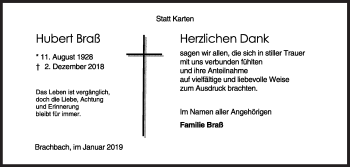 Traueranzeige von Hubert Braß von Siegener Zeitung