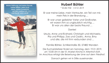 Traueranzeige von Hubert Böhler von Siegener Zeitung