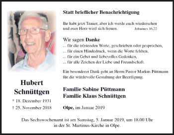 Traueranzeige von Hubert Schnüttgen von Siegener Zeitung