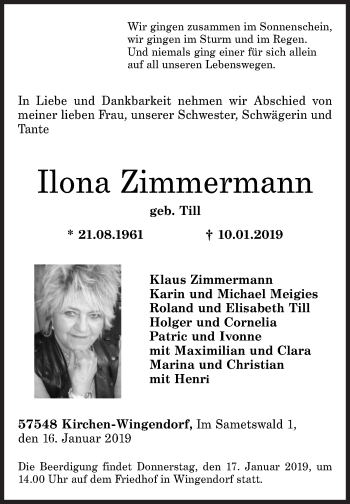 Traueranzeige von Ilona Zimmermann von Siegener Zeitung