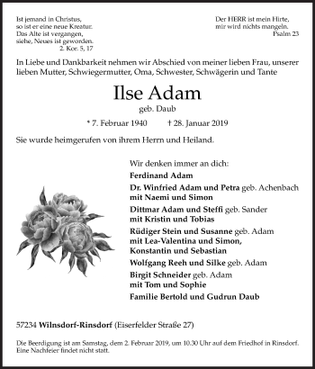 Traueranzeige von Ilse Adam von Siegener Zeitung