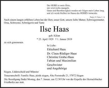 Traueranzeige von Ilse Haas von Siegener Zeitung
