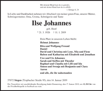 Traueranzeige von Ilse Johannes von Siegener Zeitung