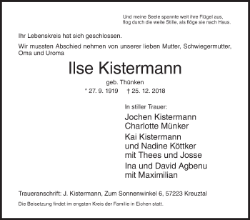 Traueranzeige von Ilse Kistermann von Siegener Zeitung