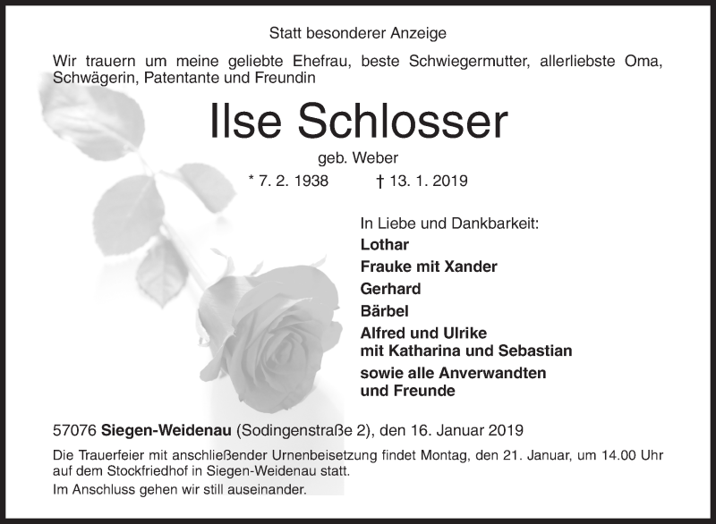  Traueranzeige für Ilse Schlosser vom 16.01.2019 aus Siegener Zeitung