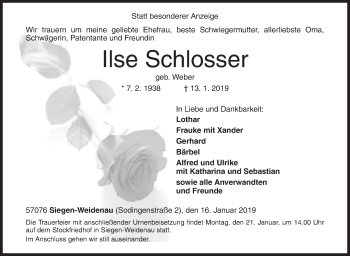 Traueranzeige von Ilse Schlosser von Siegener Zeitung