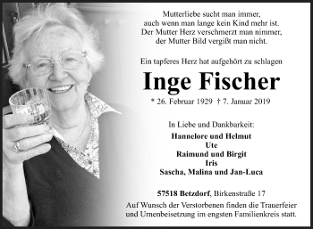 Traueranzeige von Inge Fischer von Siegener Zeitung