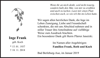 Traueranzeige von Inge Frank von Siegener Zeitung
