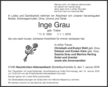 Traueranzeige von Inge Grau von Siegener Zeitung