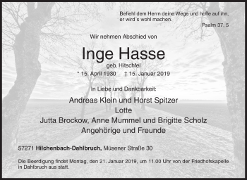 Traueranzeige von Inge Hasse von Siegener Zeitung