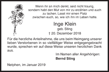Traueranzeige von Inge Klein von Siegener Zeitung