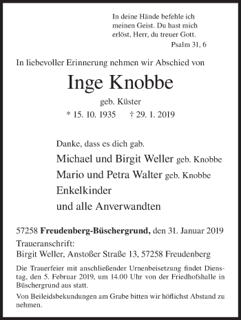 Traueranzeige von Inge Knobbe von Siegener Zeitung
