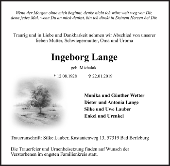 Traueranzeige von Ingeborg Lange von Siegener Zeitung