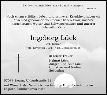 Traueranzeige von Ingeborg Lück von Siegener Zeitung