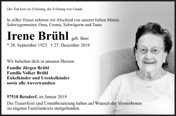 Traueranzeige von Irene Brühl von Siegener Zeitung