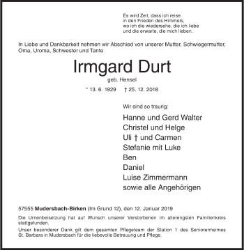 Traueranzeige von Irmgard Durt von Siegener Zeitung