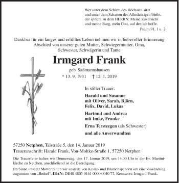 Traueranzeige von Irmgard Frank von Siegener Zeitung