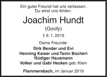 Traueranzeige von Joachim Hundt von Siegener Zeitung