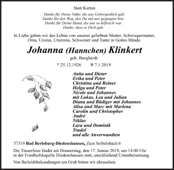 Traueranzeige von Johanna Klinkert von Siegener Zeitung