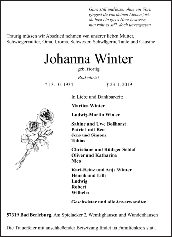 Traueranzeige von Johanna Winter von Siegener Zeitung