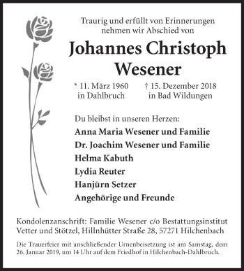 Traueranzeige von Johannes Christoph Wesener von Siegener Zeitung