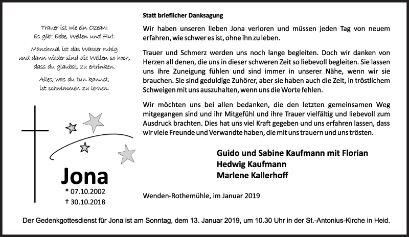 Traueranzeige für Jona Kaufmann vom 05.01.2019 aus Siegener Zeitung