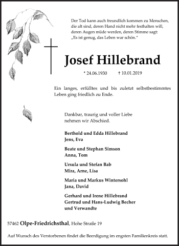 Traueranzeige von Josef Hillebrand von Siegener Zeitung