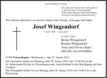 Traueranzeige von Josef Wingendorf von Siegener Zeitung