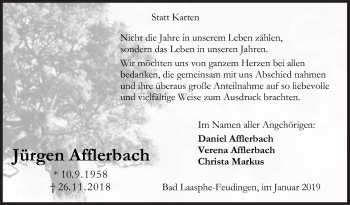 Traueranzeige von Jürgen Afflerbach von Siegener Zeitung